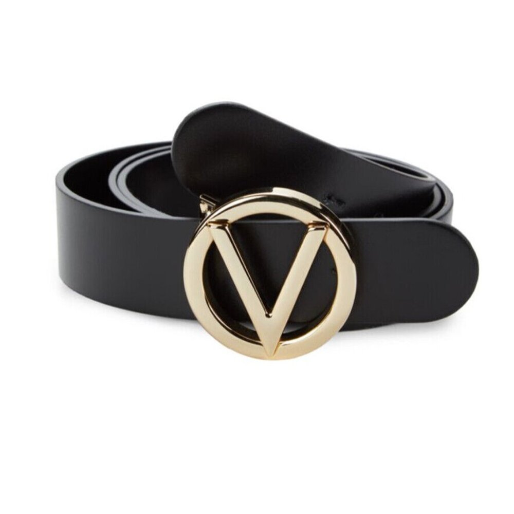 Valentino Giusy Goldtone V-Logo Black Belt Embossed Leather XS